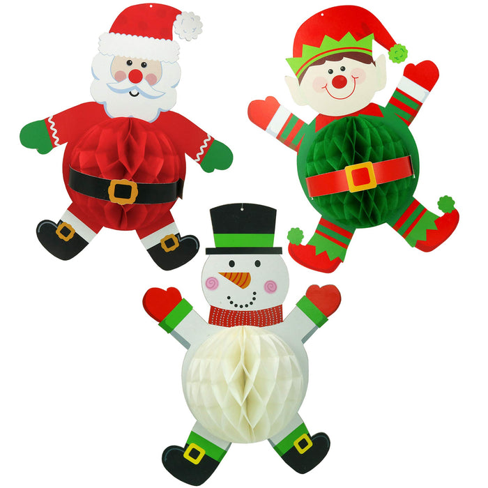 Hanging Decorations - Santa Jester and Snowman Honeycomb Christmas Home Decor - 3 Pieces