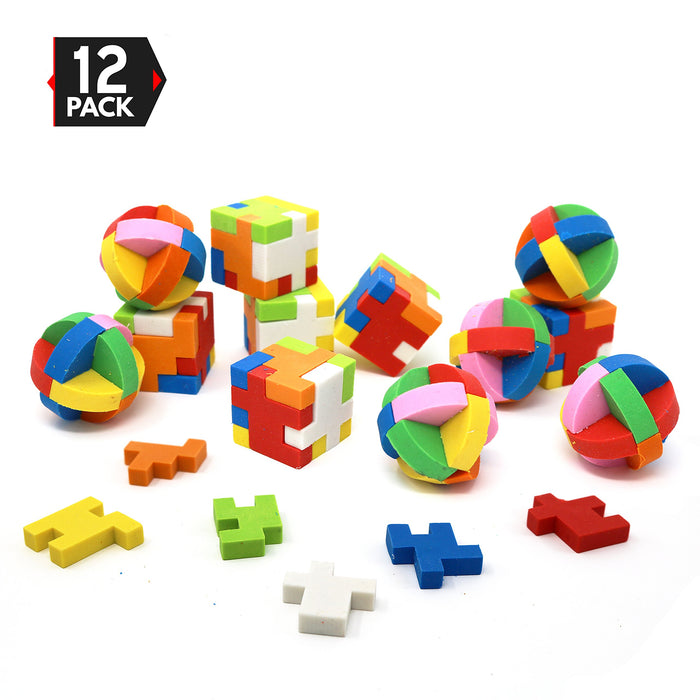 Puzzle Erasers - Individually Wrapped Goody Bag Party Favor And Stocking Stuffers Pencil Eraser - 6 Balls And 6 Cubes