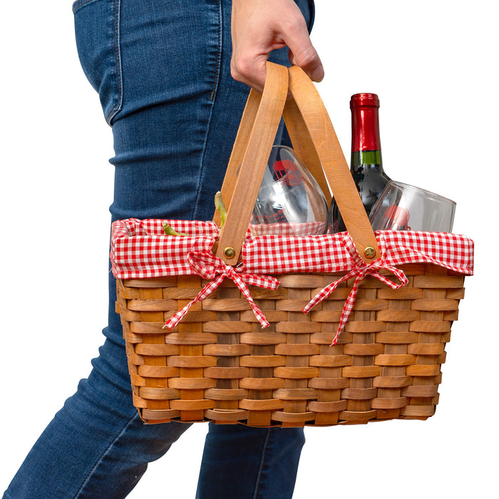 Picnic Basket - Woven Natural Woodchip Wicker Basket with Double Handles and Red and White Gingham Blanket Lining