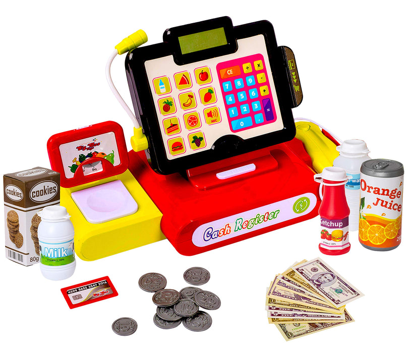 27 Piece Cash Register Set With Pretend Play Food, Money, Lights and Sounds