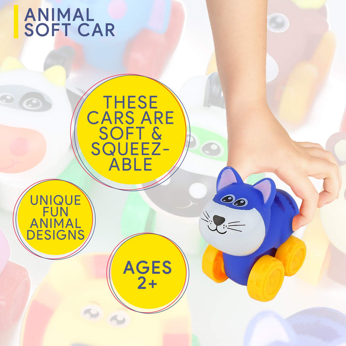 Animal Cars - Soft Rubber Cartoon Animal Push Toy Vehicles for Babies and Toddlers - Pack of 12