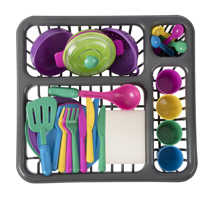 Pretend Play Dishes Playset – Little Chef Set, Kids Serving Dishes - Play Cups, Cutlery, Ladle, Tableware, Pots and Dish Drainer, Set of 28