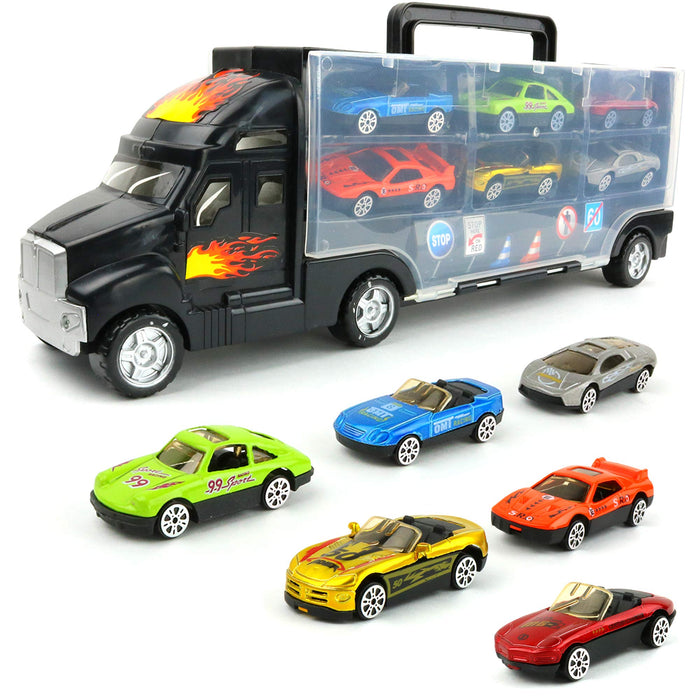 Transport Car Carrier Truck - with 6 Stylish Metal Racing Cars - with Carrying Case