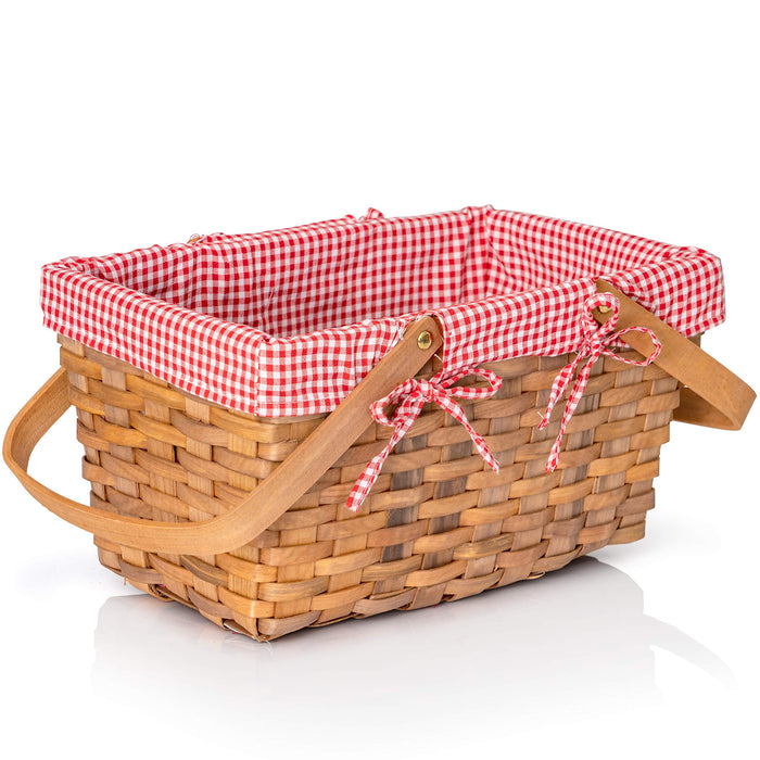 Picnic Basket - Woven Natural Woodchip Wicker Basket with Double Handles and Red and White Gingham Blanket Lining