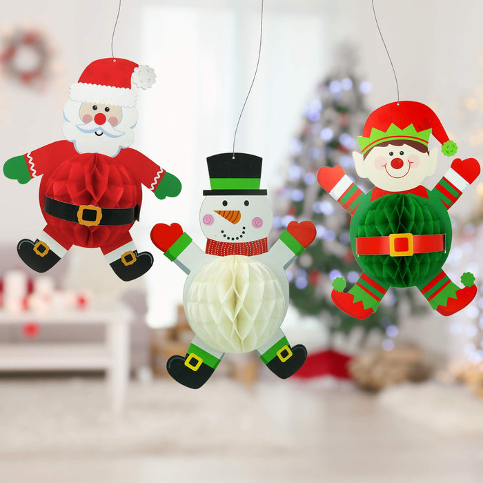 Hanging Decorations - Santa Jester and Snowman Honeycomb Christmas Home Decor - 3 Pieces