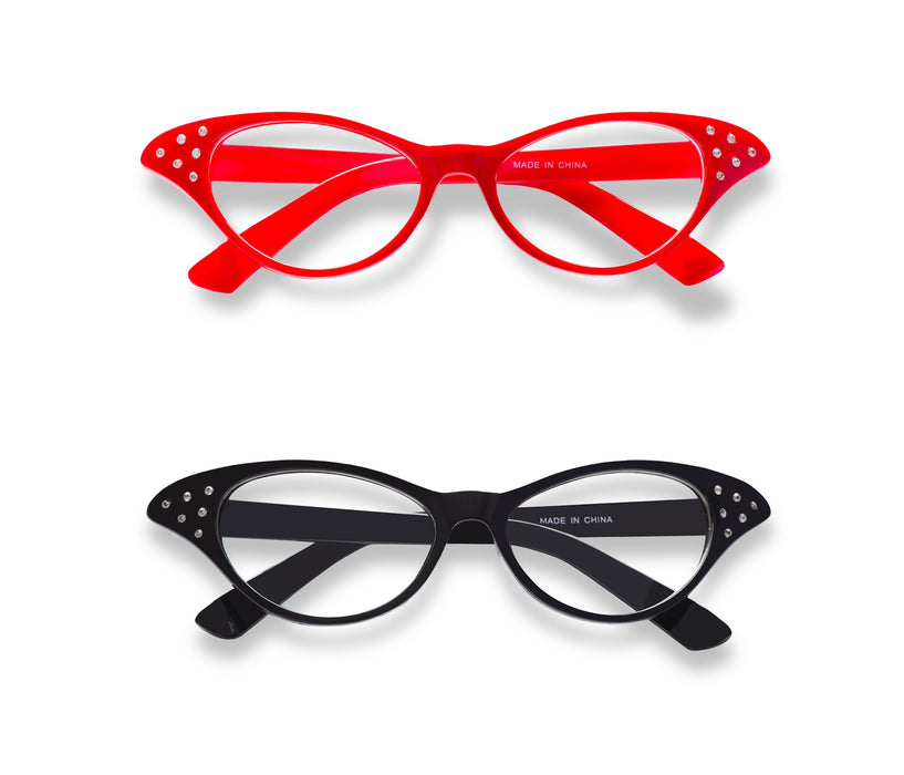 Red / Black Cat Eye Retro Costume Dress Up Hip Hop Rhinestone Glasses (2 Pack)