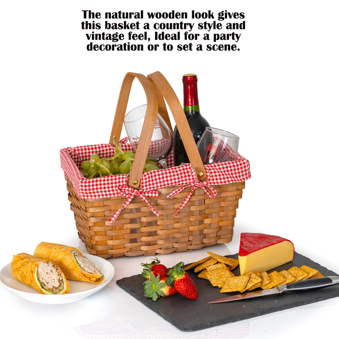 Picnic Basket - Woven Natural Woodchip Wicker Basket with Double Handles and Red and White Gingham Blanket Lining
