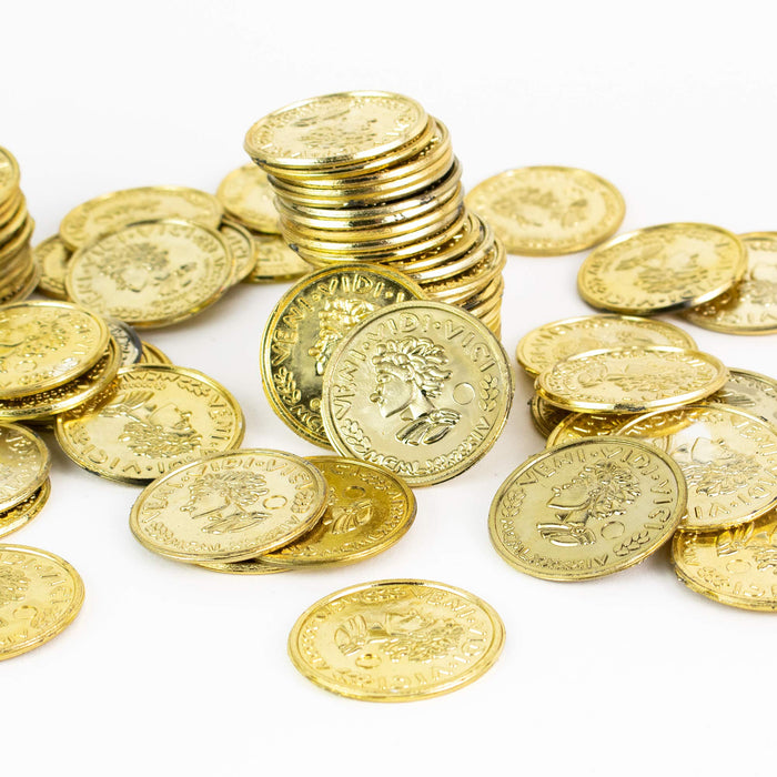 Gold Coins- Fake Shiny Golden Plastic Play Coin Tokens Party Props Supplies - Bulk Pack of 288