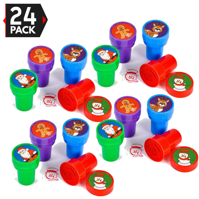 24 Christmas Assorted Bright Colored Plastic Stamps - Self Ink Christmas Stampers - Fun Gift, Party Favors, Party Toys, Goody Bag Favors