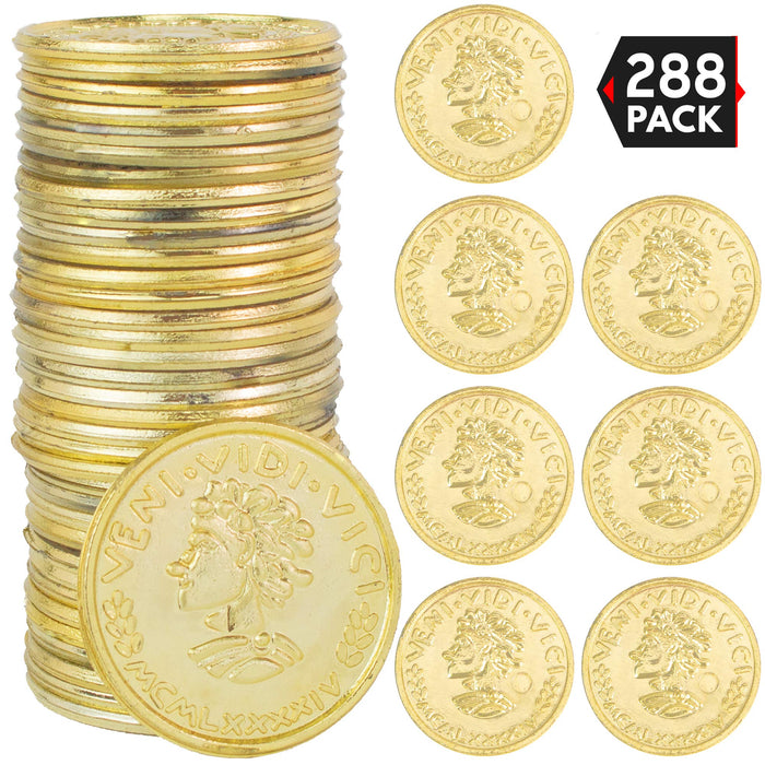 Gold Coins- Fake Shiny Golden Plastic Play Coin Tokens Party Props Supplies - Bulk Pack of 288