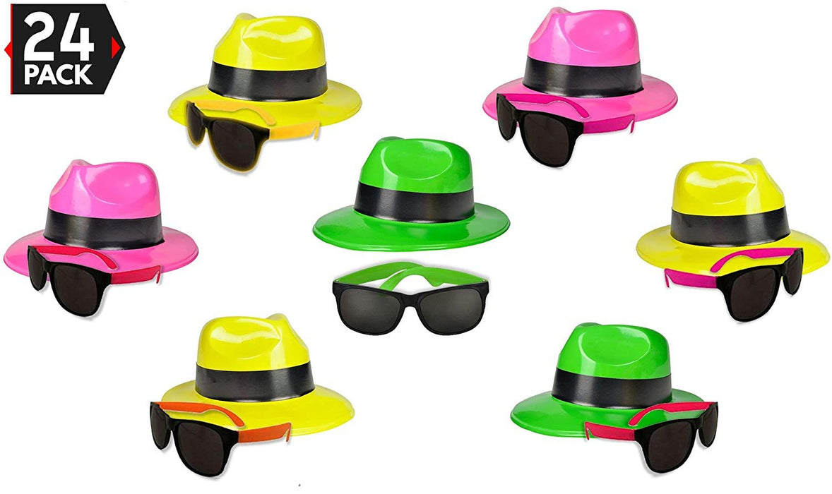 24 Neon Party Supplies Pack - Party Favors Assortment - 12 Neon Sunglasses & 12 Hats