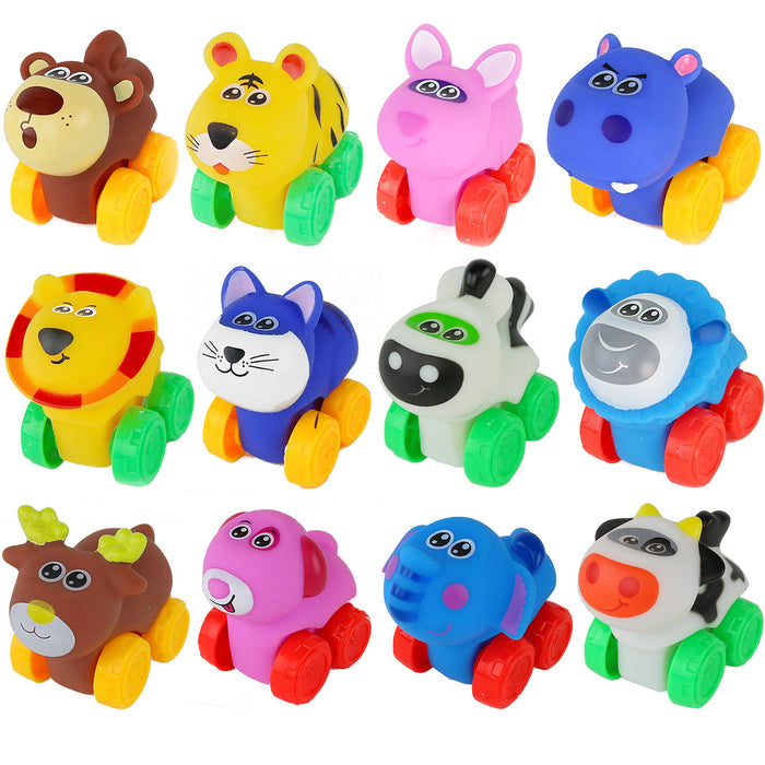 Animal Cars - Soft Rubber Cartoon Animal Push Toy Vehicles for Babies and Toddlers - Pack of 12